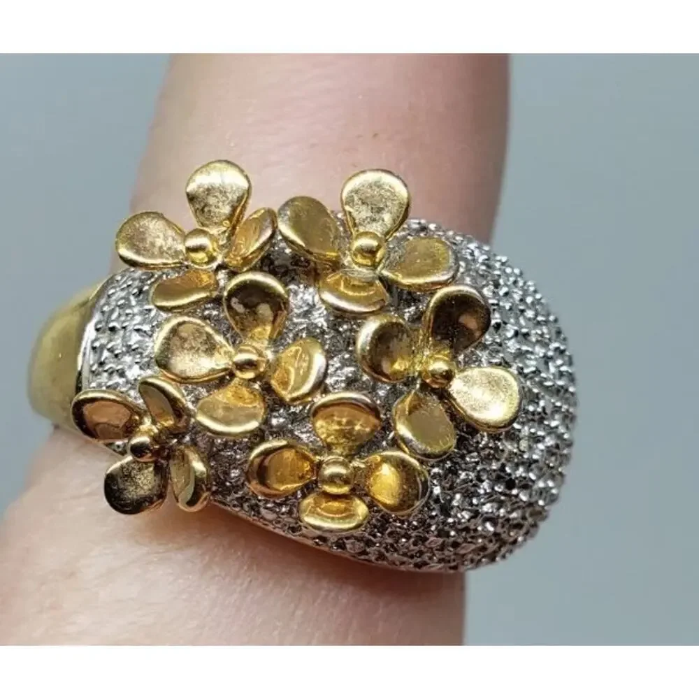 Ring 3D Flower Gold & Silver Statement Sz 10.25 Boho